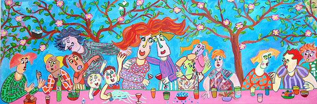 schilderij gemaakt door de gasten tijdens een bruiloft in een boomgaard, 70 x 210 cm, Do it yourself schilderspakket