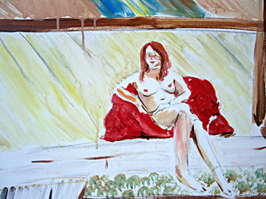 Schilderij van een vrouwelijk naaktmodel, gemaakt tijdens een workshop schilderen op een vrijgezellenfeest met 15 mannen